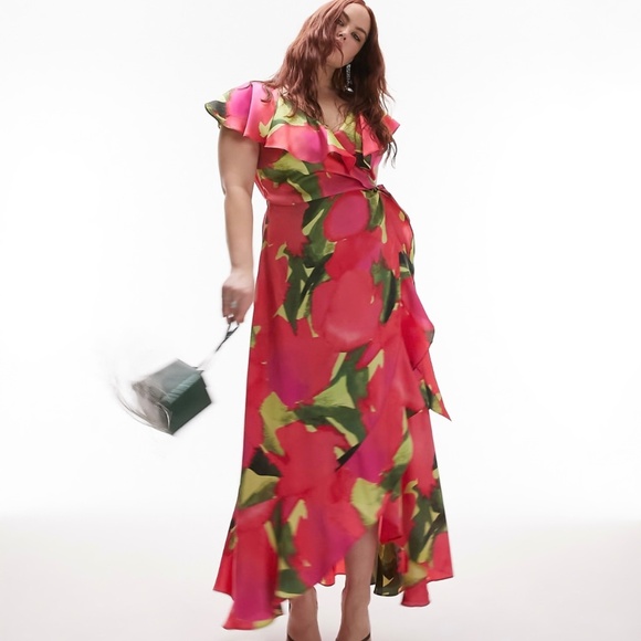 Topshop Dresses & Skirts - Topshop Curve wrap maxi occasion dress with frill sleeve in red print
